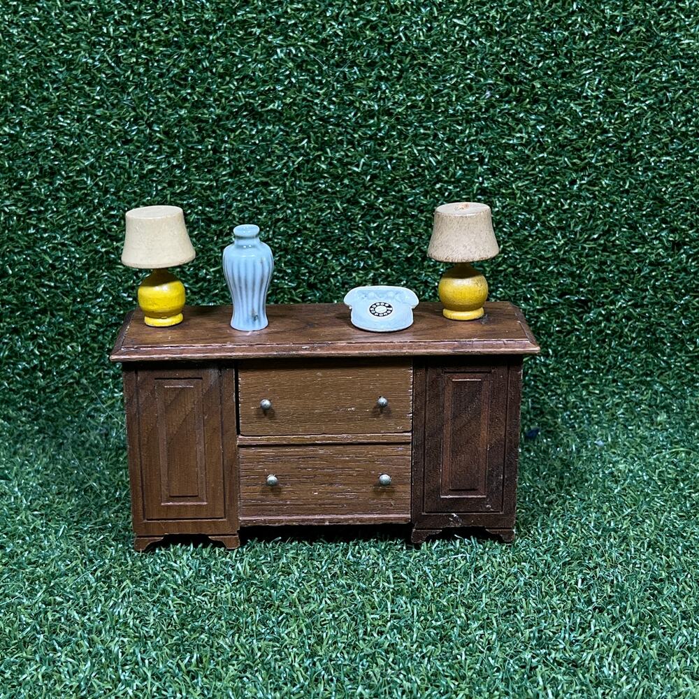Vintage Miniature Wooden Dollhouse Buffet Dresser Lamp Vase